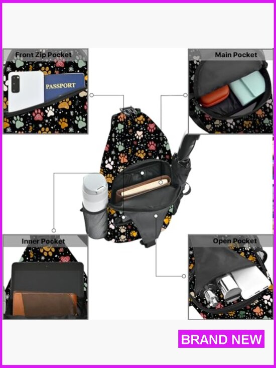 Paw Print Sling Bag Lightweight Travel Chest Daypack Adjustable Strap Outdoor